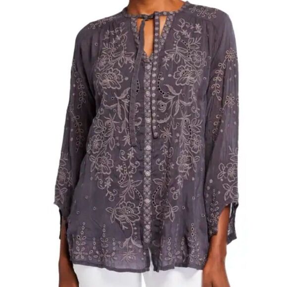 Johnny Was Monroe Blouse Graphite Embroidered Button Front Size XS - Picture 1 of 12